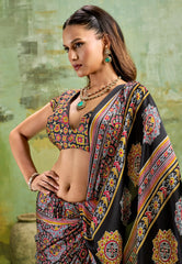 Black Ajrakh Print Modal Silk Saree With Blouse Piece - Adi Akshoy & Co.