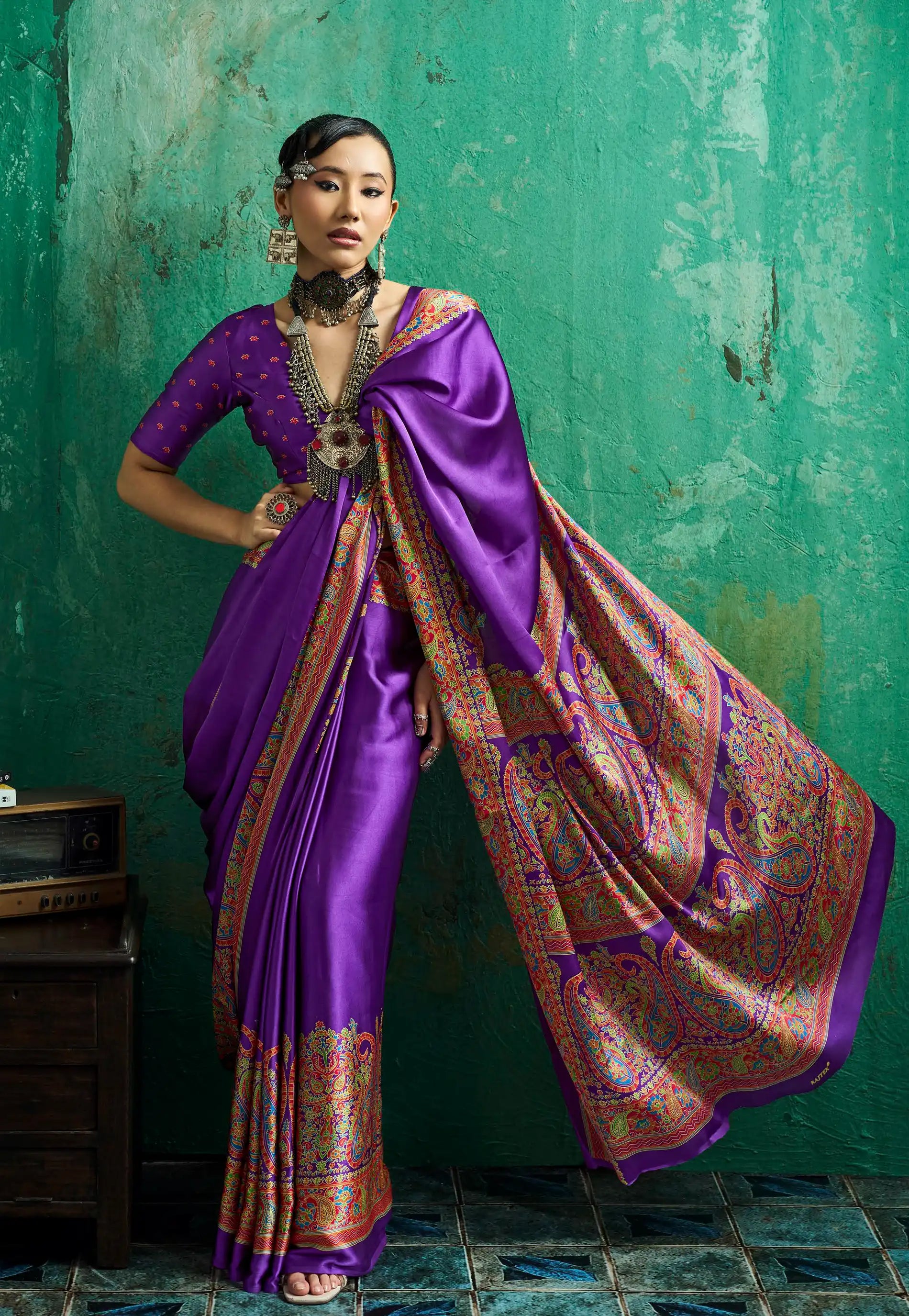 Purple Ajrakh Print Modal Silk Saree With Blouse Piece - Adi Akshoy & Co.