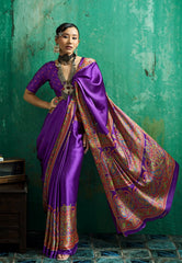 Purple Ajrakh Print Modal Silk Saree With Blouse Piece - Adi Akshoy & Co.