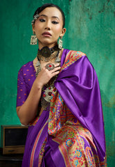 Purple Ajrakh Print Modal Silk Saree With Blouse Piece - Adi Akshoy & Co.