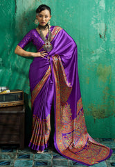 Purple Ajrakh Print Modal Silk Saree With Blouse Piece - Adi Akshoy & Co.