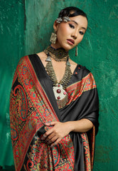 Black Ajrakh Print Modal Silk Saree With Blouse Piece - Adi Akshoy & Co.