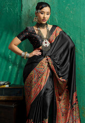 Black Ajrakh Print Modal Silk Saree With Blouse Piece - Adi Akshoy & Co.