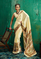 Cream Colour Ajrakh Print Modal Silk Saree With Blouse Piece - Adi Akshoy & Co.