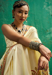 Cream Colour Ajrakh Print Modal Silk Saree With Blouse Piece - Adi Akshoy & Co.