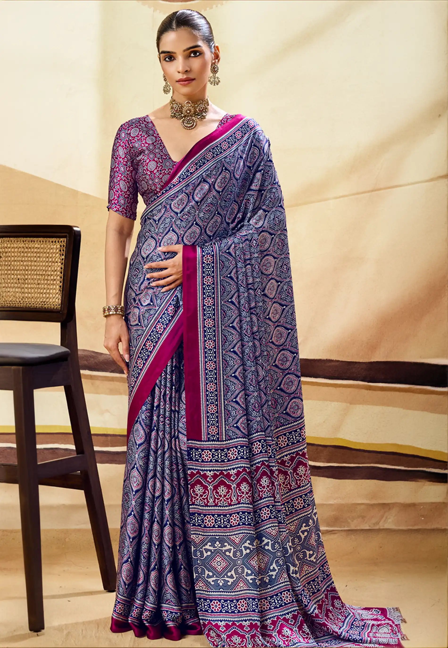 Blue Ajrakh Print Modal Silk Saree With Blouse Piece - Adi Akshoy & Co.
