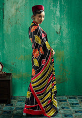 Black Ajrakh Print Modal Silk Saree With Blouse Piece - Adi Akshoy & Co.