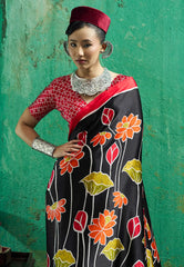 Black Ajrakh Print Modal Silk Saree With Blouse Piece - Adi Akshoy & Co.