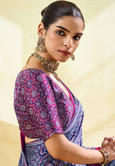 Blue Ajrakh Print Modal Silk Saree With Blouse Piece - Adi Akshoy & Co.