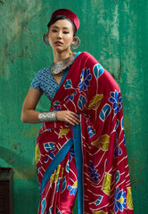 Reddish Marron Ajrakh Print Modal Silk Saree With Blouse Piece - Adi Akshoy & Co.