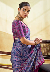Blue Ajrakh Print Modal Silk Saree With Blouse Piece - Adi Akshoy & Co.