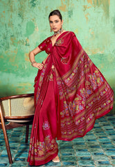 Reddish Maroon Ajrakh Print Modal Silk Saree With Blouse Piece - Adi Akshoy & Co.