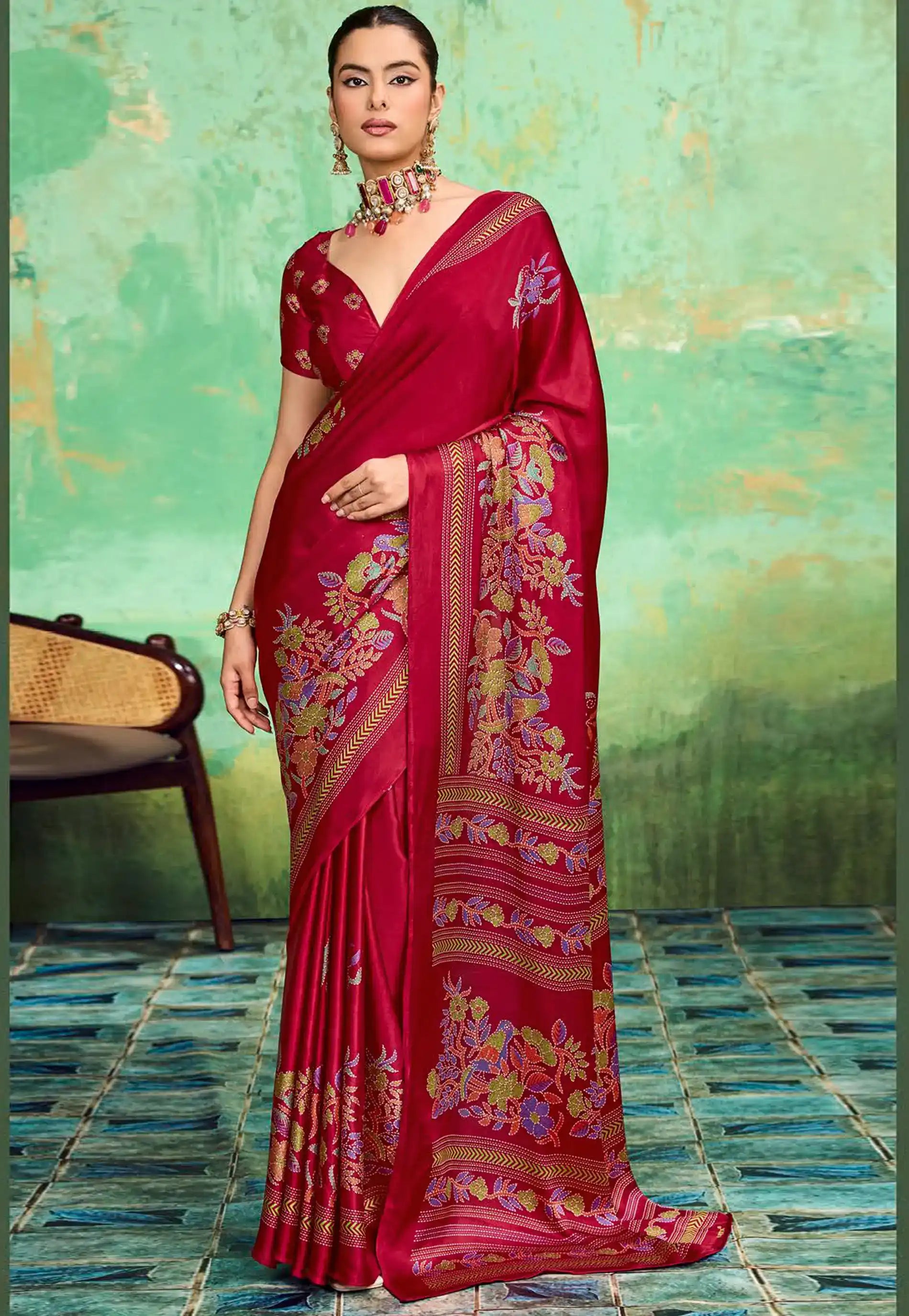 Reddish Maroon Ajrakh Print Modal Silk Saree With Blouse Piece - Adi Akshoy & Co.