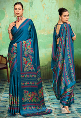 Blue Ajrakh Print Modal Silk Saree With Blouse Piece - Adi Akshoy & Co.