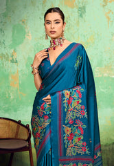 Blue Ajrakh Print Modal Silk Saree With Blouse Piece - Adi Akshoy & Co.