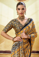 Mustard Yellow Ajrakh Print Modal Silk Saree With Blouse Piece - Adi Akshoy & Co.