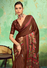Brown Ajrakh Print Modal Silk Saree With Blouse Piece - Adi Akshoy & Co.