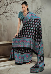 Black Ajrakh Print Modal Silk Saree With Blouse Piece - Adi Akshoy & Co.