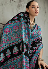 Black Ajrakh Print Modal Silk Saree With Blouse Piece - Adi Akshoy & Co.