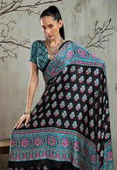 Black Ajrakh Print Modal Silk Saree With Blouse Piece - Adi Akshoy & Co.