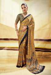 Mustard Yellow Ajrakh Print Modal Silk Saree With Blouse Piece - Adi Akshoy & Co.