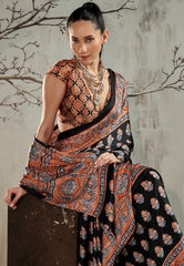 Black Ajrakh Print Modal Silk Saree With Blouse Piece