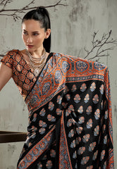 Black Ajrakh Print Modal Silk Saree With Blouse Piece