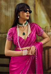 Rani Pink Ajrakh Print Modal Silk Saree With Blouse Piece - Adi Akshoy & Co.