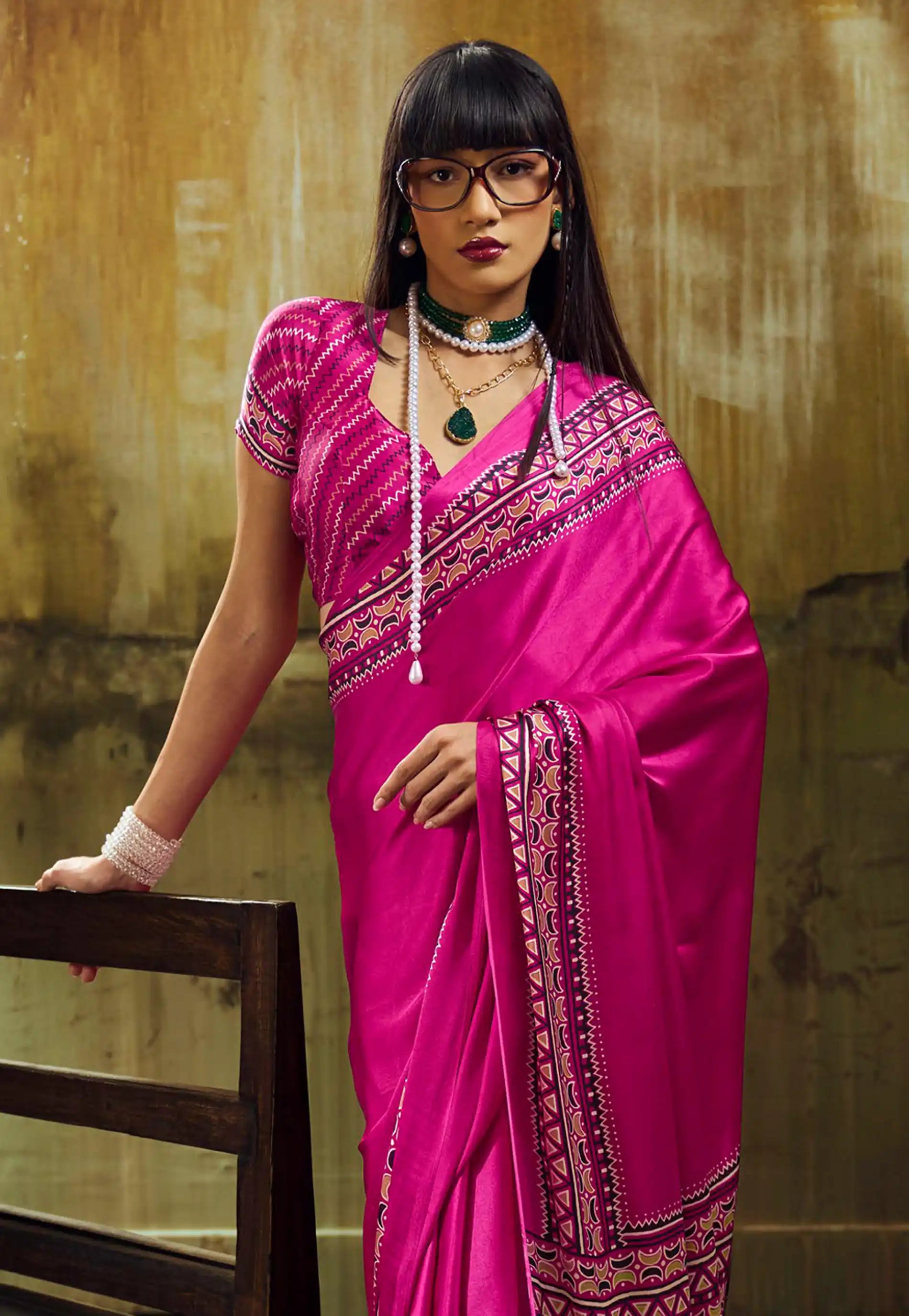 Rani Pink Ajrakh Print Modal Silk Saree With Blouse Piece - Adi Akshoy & Co.