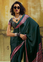 Bottle Green Ajrakh Print Modal Silk Saree With Blouse Piece - Adi Akshoy & Co.