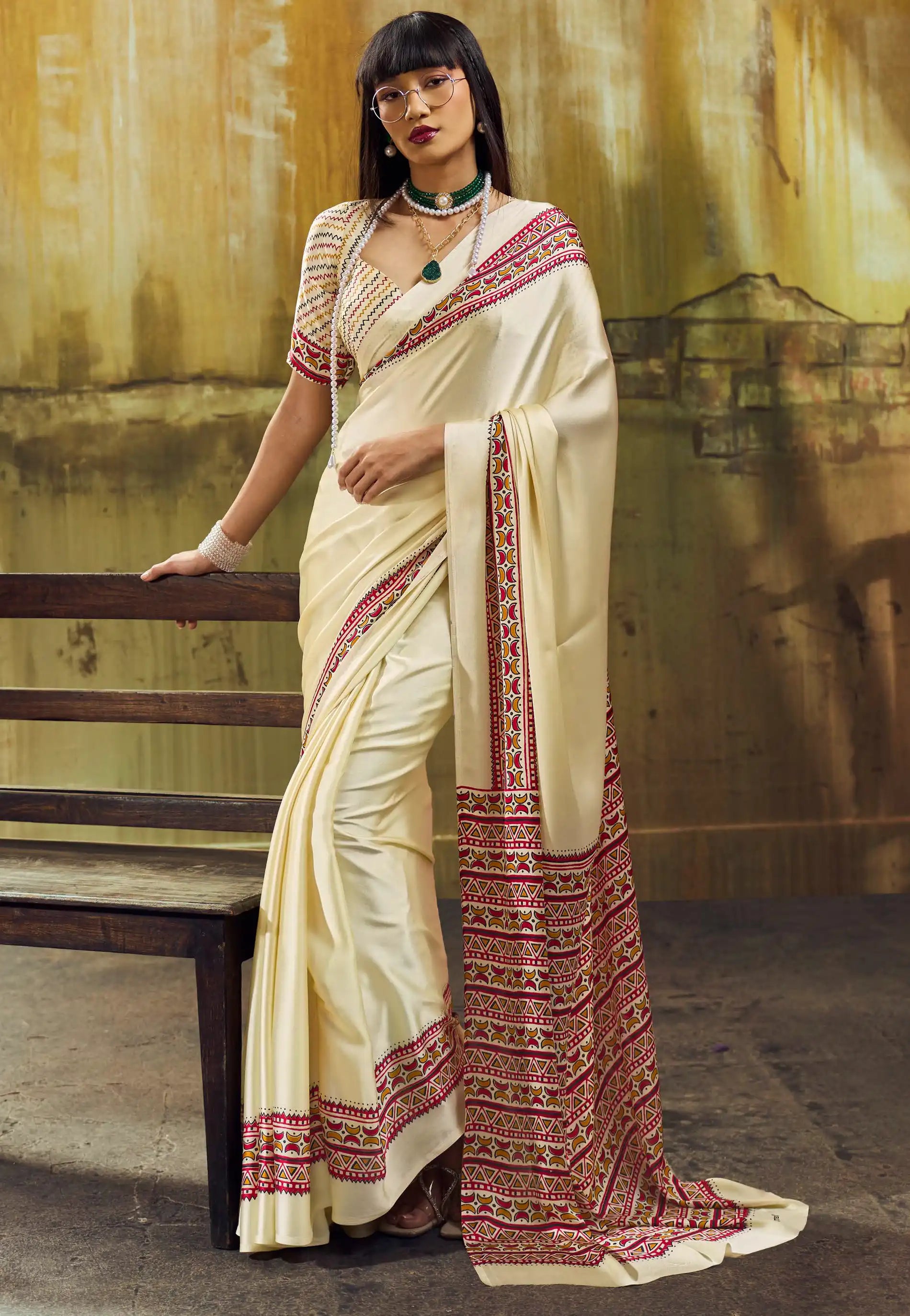 Cream Colour Ajrakh Print Modal Silk Saree With Blouse Piece - Adi Akshoy & Co.