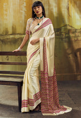 Cream Colour Ajrakh Print Modal Silk Saree With Blouse Piece - Adi Akshoy & Co.
