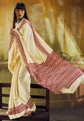 Cream Colour Ajrakh Print Modal Silk Saree With Blouse Piece - Adi Akshoy & Co.