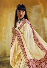 Cream Colour Ajrakh Print Modal Silk Saree With Blouse Piece - Adi Akshoy & Co.