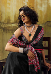 Black Ajrakh Print Modal Silk Saree With Blouse Piece - Adi Akshoy & Co.