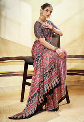 Red Ajrakh Print Modal Silk Saree With Blouse Piece - Adi Akshoy & Co.