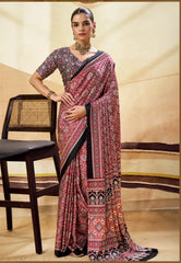 Red Ajrakh Print Modal Silk Saree With Blouse Piece - Adi Akshoy & Co.