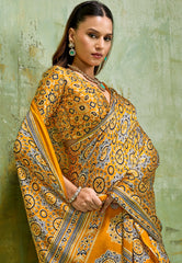 Mustard Yellow Ajrakh Print Modal Silk Saree With Blouse Piece - Adi Akshoy & Co.