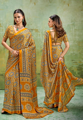 Mustard Yellow Ajrakh Print Modal Silk Saree With Blouse Piece - Adi Akshoy & Co.