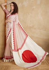 White Ajrakh Print in Modal Silk Saree With Blouse Piece - Adi Akshoy & Co.