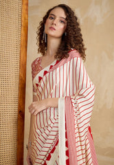 White Ajrakh Print in Modal Silk Saree With Blouse Piece - Adi Akshoy & Co.