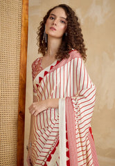 White Ajrakh Print in Modal Silk Saree With Blouse Piece - Adi Akshoy & Co.