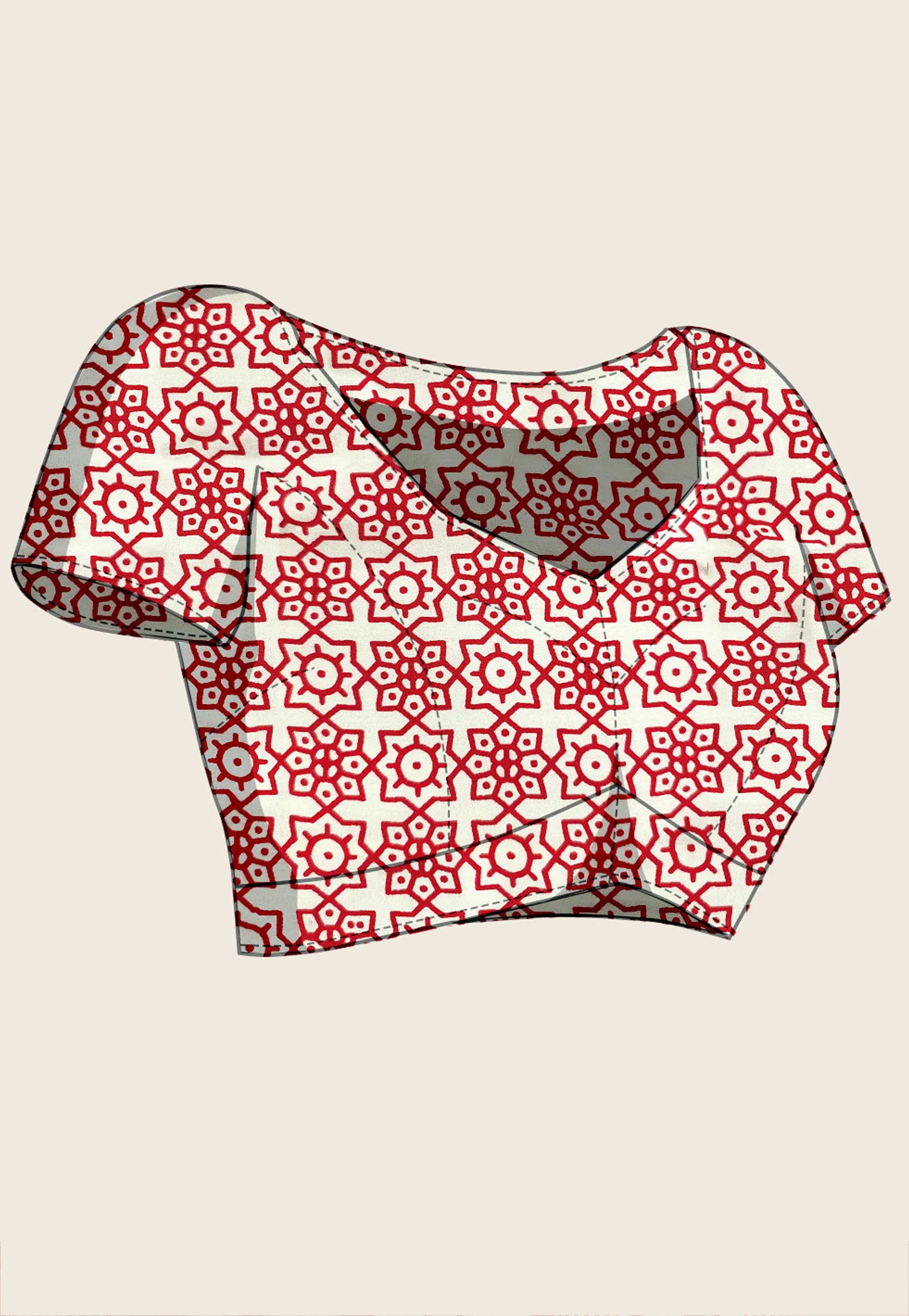 White Ajrakh Print in Modal Silk Saree With Blouse Piece - Adi Akshoy & Co.