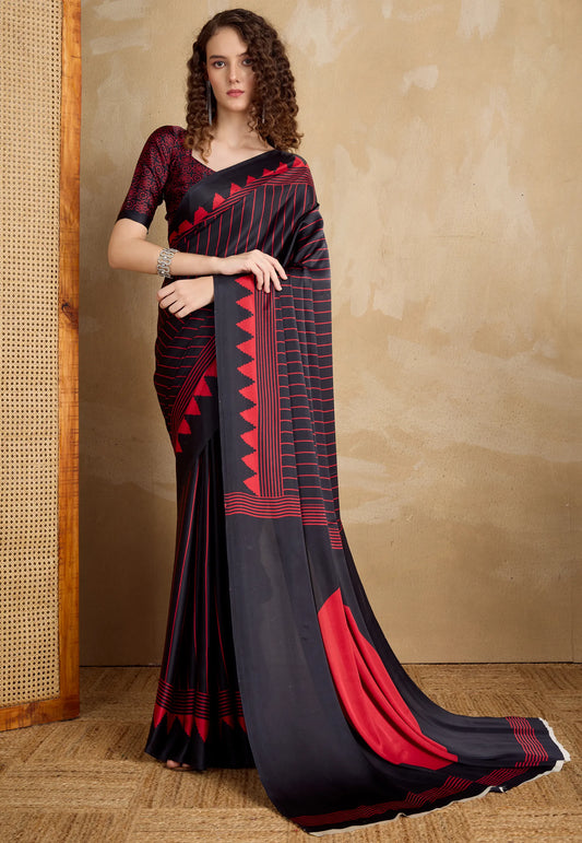 Black Ajrakh Print in Modal Silk Saree With Blouse Piece