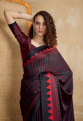 Black Ajrakh Print in Modal Silk Saree With Blouse Piece