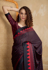 Black Ajrakh Print in Modal Silk Saree With Blouse Piece
