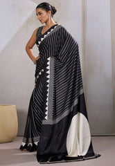Black Ajrakh Print in Modal Silk Saree With Blouse Piece