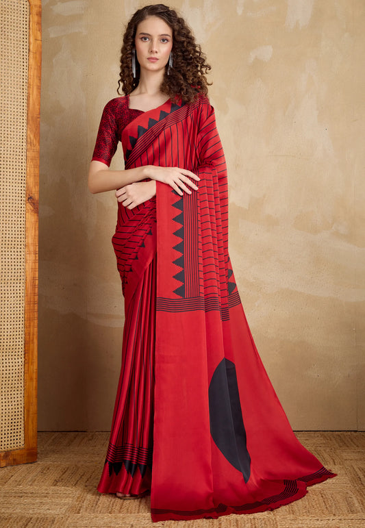 Red Ajrakh Print in Modal Silk Saree With Blouse Piece