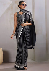 Black Ajrakh Print in Modal Silk Saree With Blouse Piece