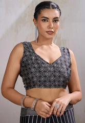 Black Ajrakh Print in Modal Silk Saree With Blouse Piece